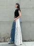 Lace Contrast Wide Denim Pants